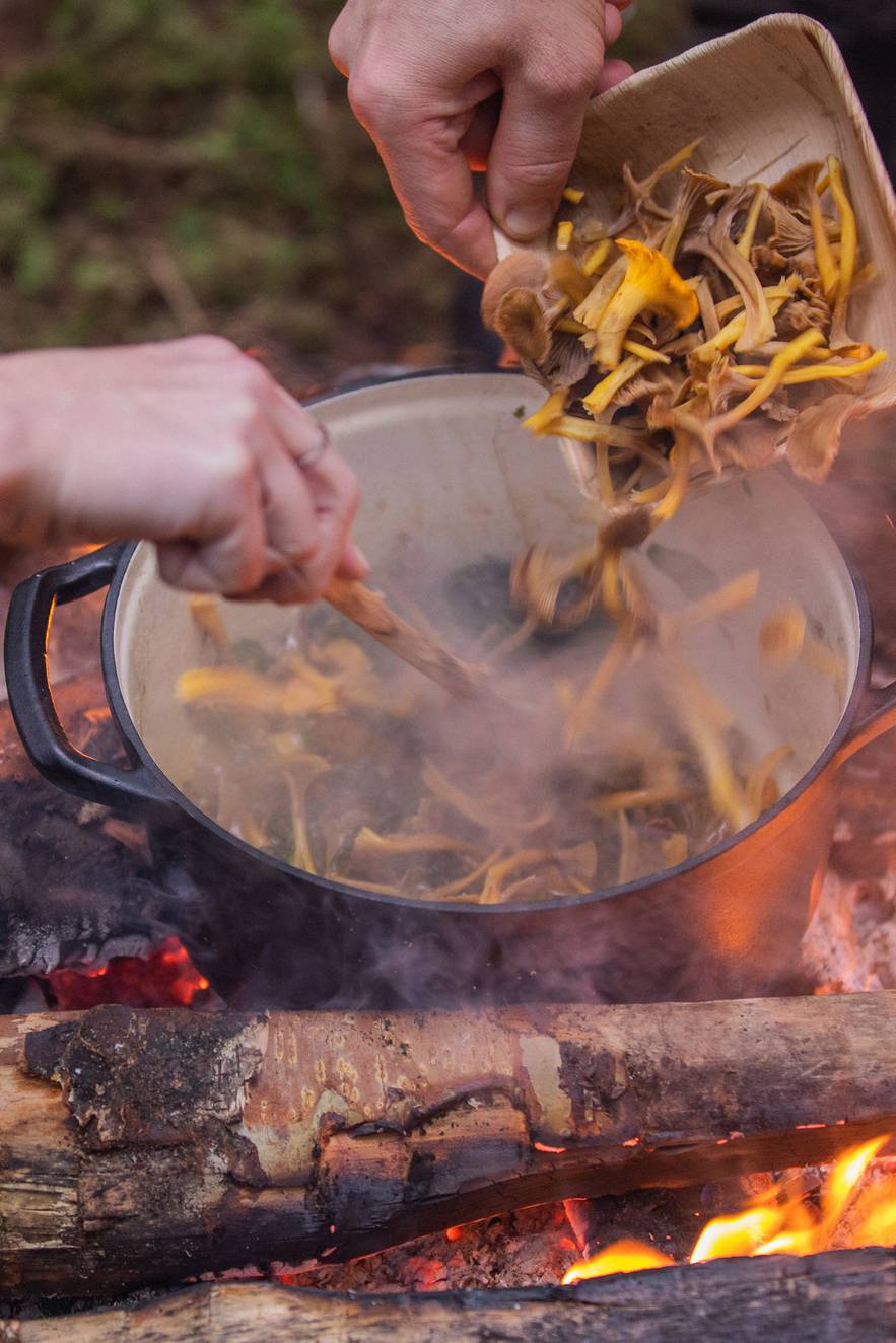 Während eine Hand den Topf über dem offenen Feuer umrührt, fügt eine andere Pilze in den Topf hinzu.